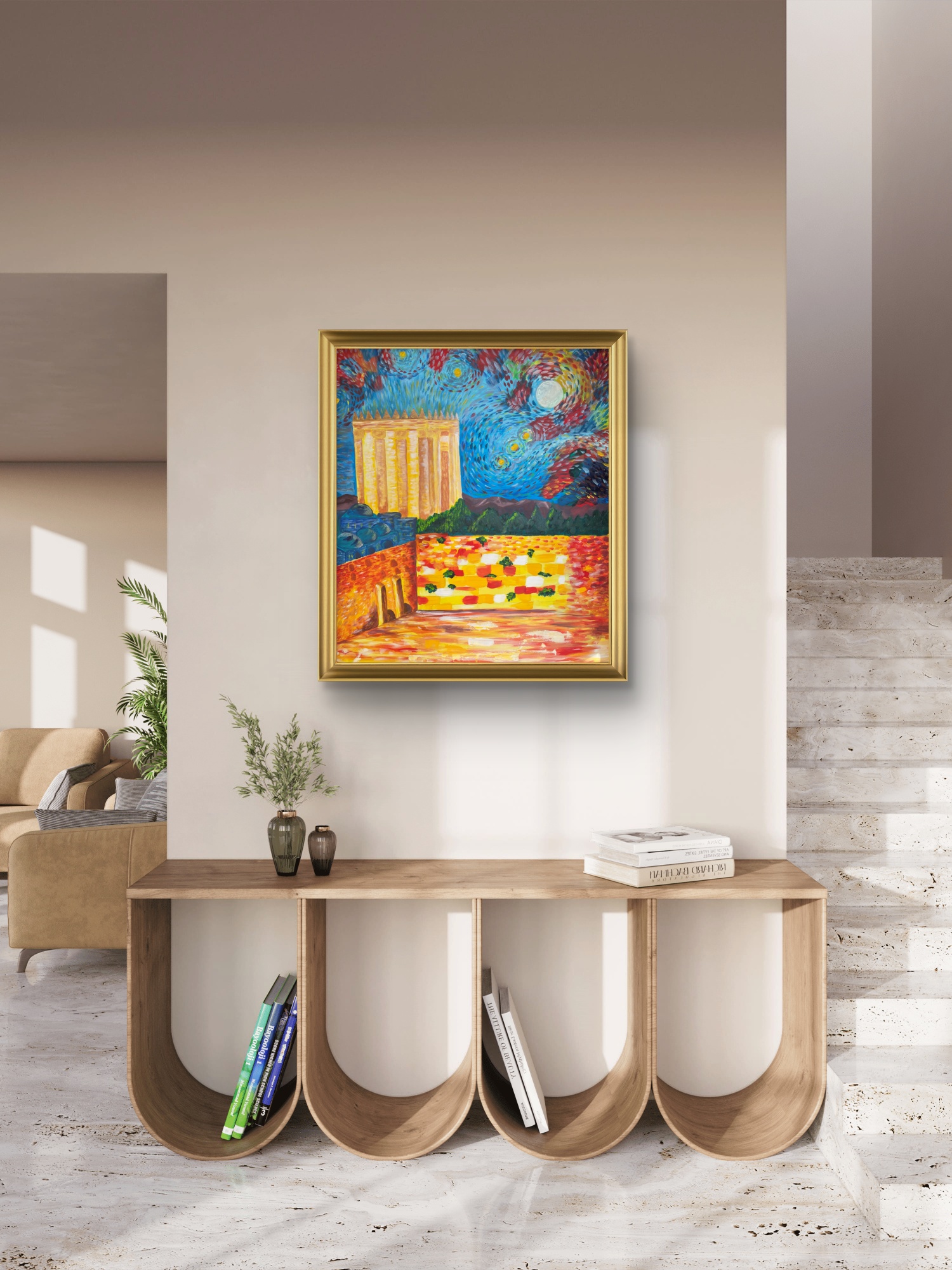 Framed Jerusalem painting displayed above a console table