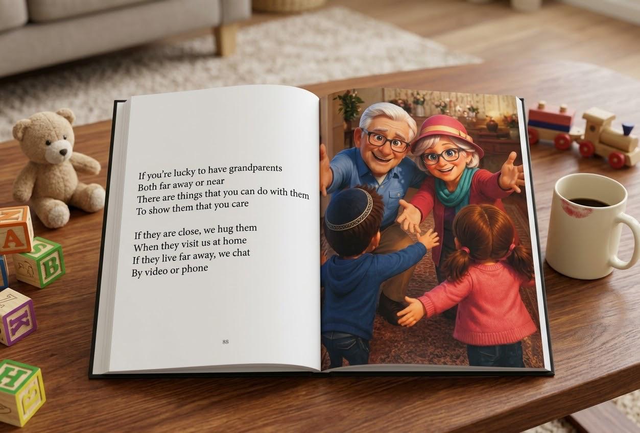 Open interior spread of A Legacy of Honor: a poem about grandparents beside a full-page illustration of grandparents greeting two children