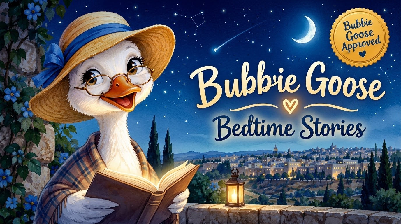 Bubbie Goose reading a glowing storybook beneath a starry night sky