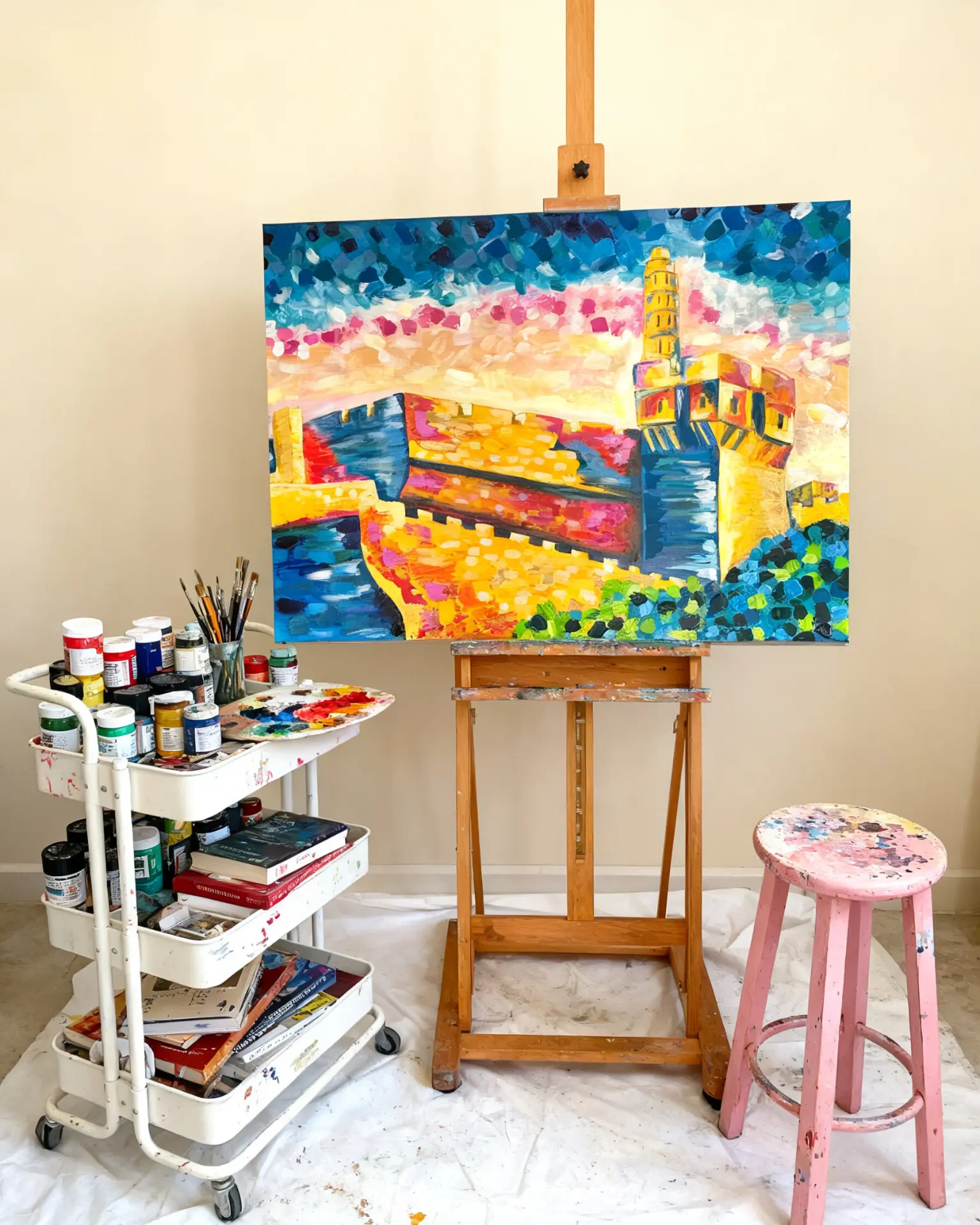 Jerusalem painting on an easel beside paints and brushes