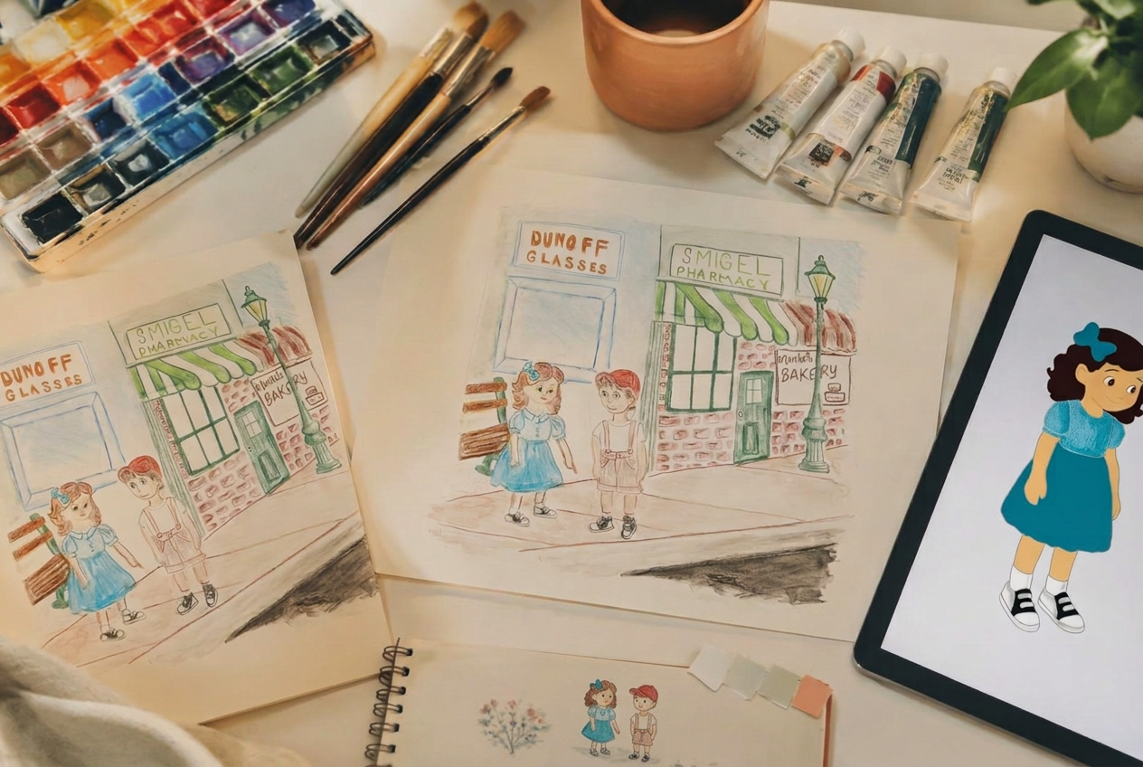 Sketches, paints, and digital tablet
